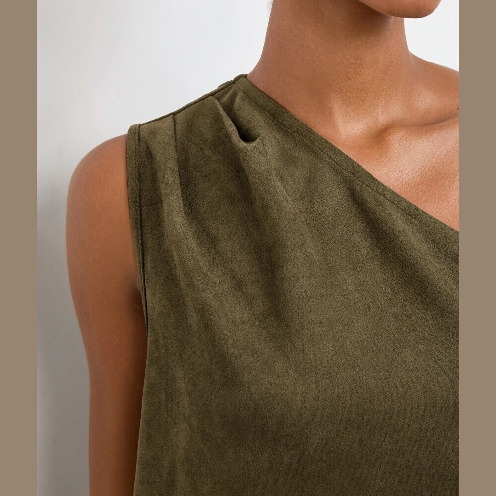 Olive Green Faux Suede Studded Fringe Asymmetrical Top - Picture 6 of 8
